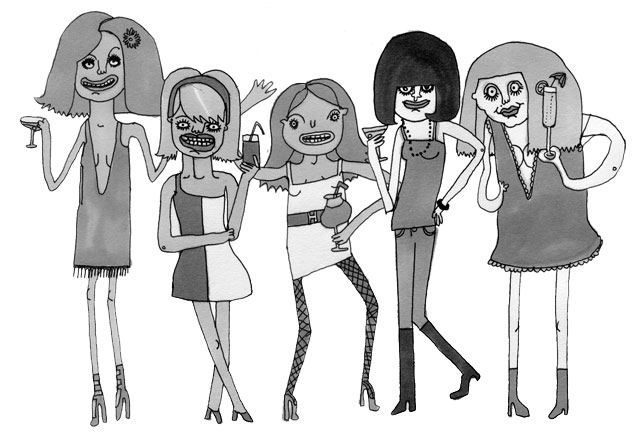 Party girls with cocktails black and white illustration claire murray